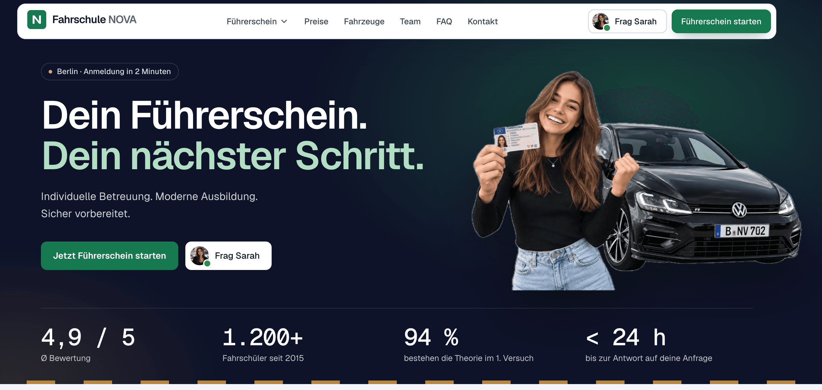 Webdesign-Beispiel der Fahrschule NOVA mit Führerscheinangebot und digitaler Assistentin Sarah