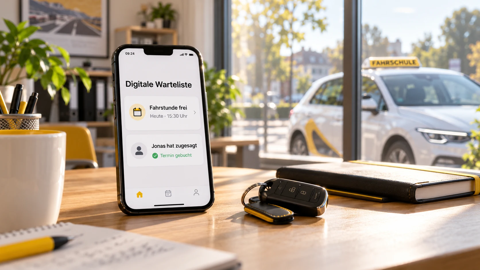 Smartphone mit digitaler Warteliste für eine freie Fahrstunde auf einem Schreibtisch, dahinter ein Fahrschulauto.