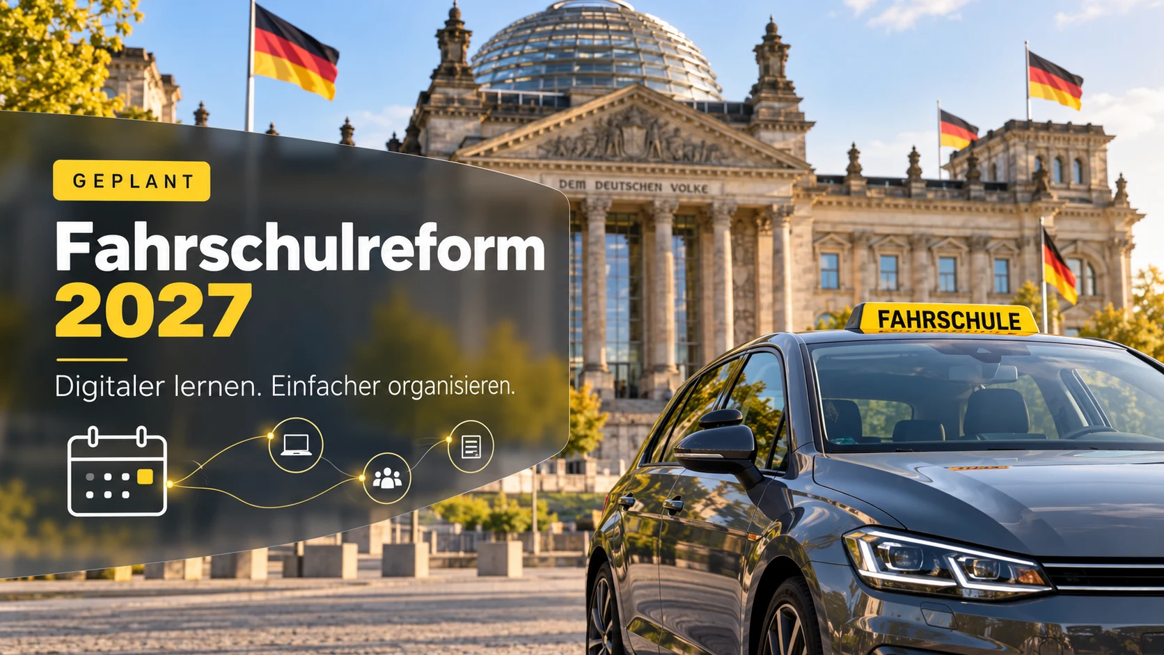 Illustration zur geplanten Fahrschulreform 2027 mit Fahrschulauto vor dem Reichstag und Symbolen für digitale Organisation.
