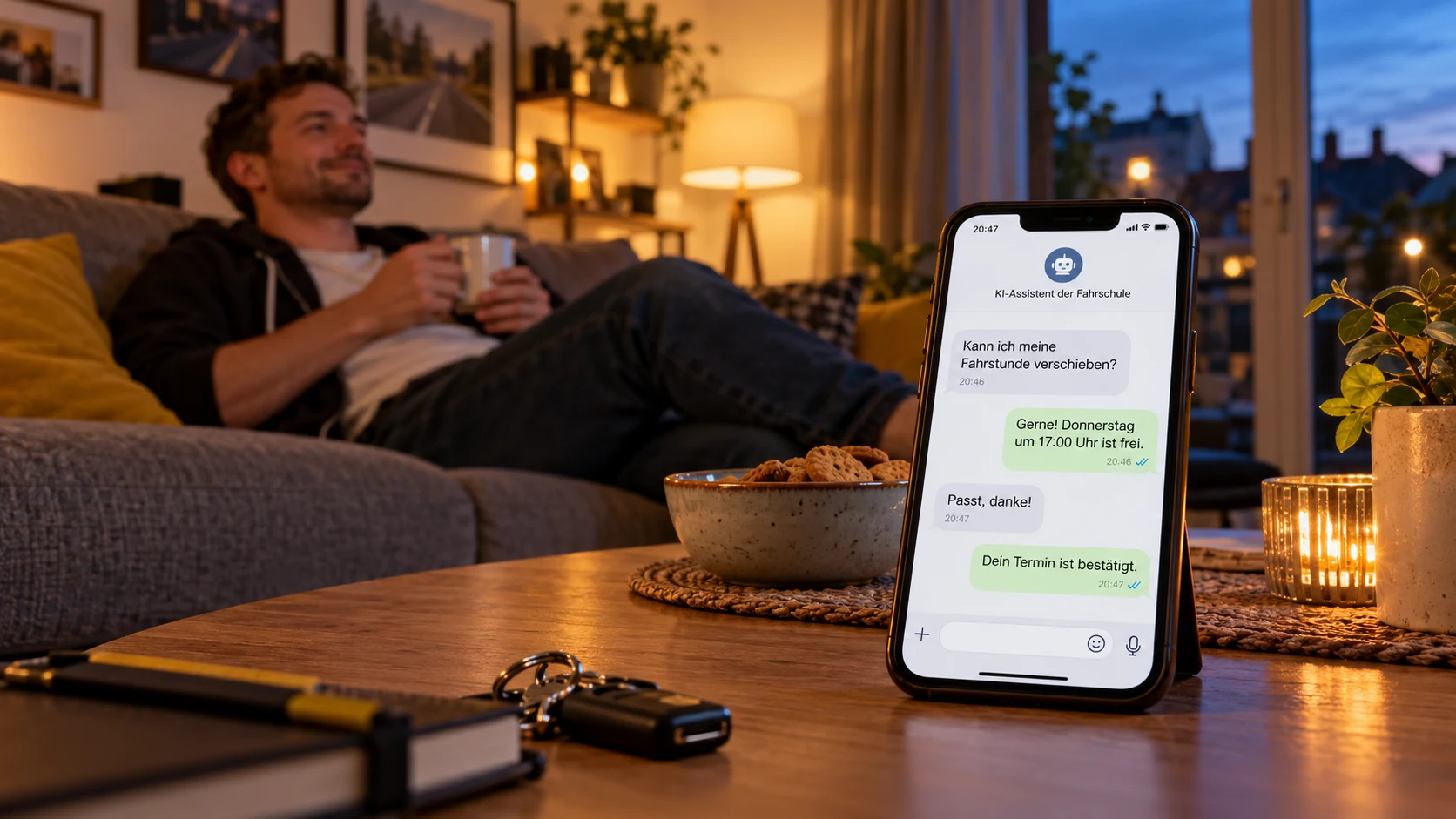 Ein Fahrlehrer entspannt am Abend auf dem Sofa, während ein digitaler Assistent auf dem Smartphone eine Fahrstunde umplant.