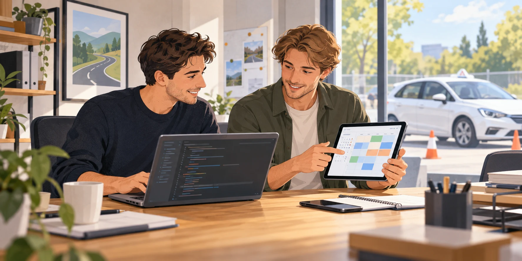 Illustration von zwei Brüdern mit Laptop und Tablet in einem Fahrschulbüro